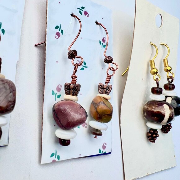 Lot Of 3 Pairs Handmade Beaded Dangle Earrings Mixed Stone Boho Style - Picture 6 of 10